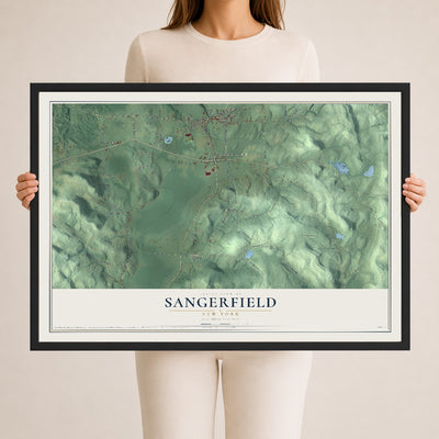 Sangerfield, New York map print, 24" x 36" W/ Black Ayous Wood Frame mockup