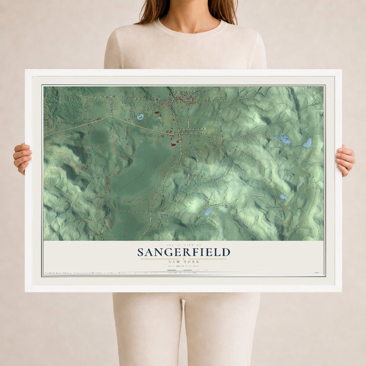 Sangerfield, New York map print, 24" x 36" W/ White Ayous Wood Frame mockup