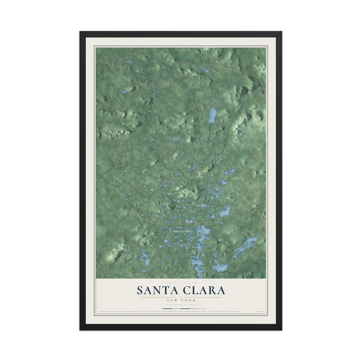 Santa Clara, New York map print, 12" x 18" W/ Black Ayous Wood Frame mockup