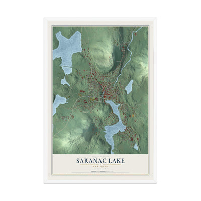 Saranac Lake, New York map print, 12" x 18" W/ White Ayous Wood Frame mockup