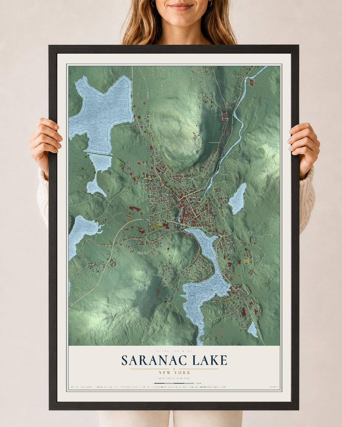 Saranac Lake, New York map print, 24" x 36" W/ Black Ayous Wood Frame mockup