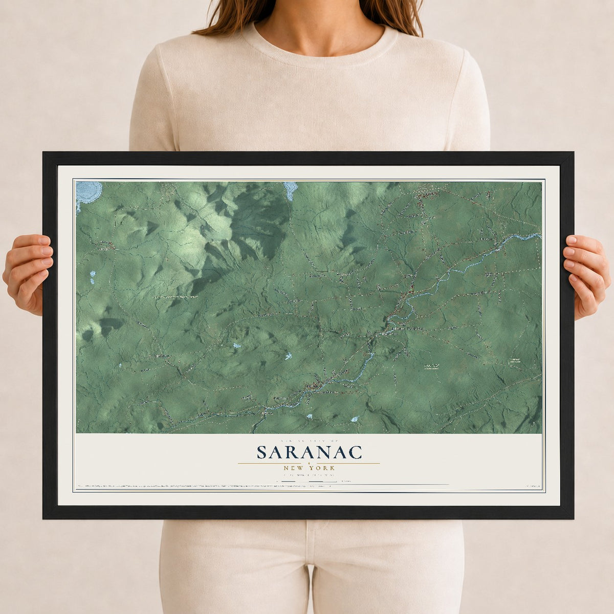 Saranac, New York map print, 12" x 18" W/ Black Ayous Wood Frame mockup