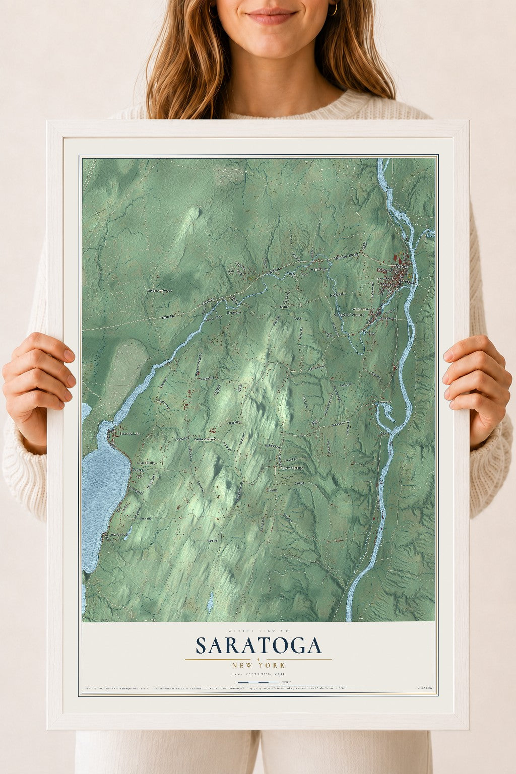 Saratoga, New York map print, 18" x 24" W/ White Ayous Wood Frame mockup