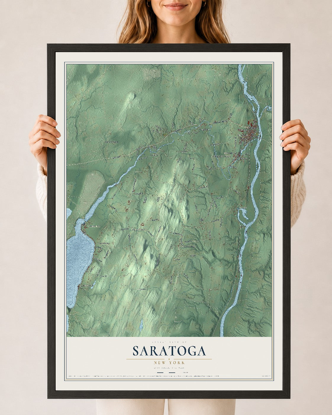 Saratoga, New York map print, 24" x 36" W/ Black Ayous Wood Frame mockup