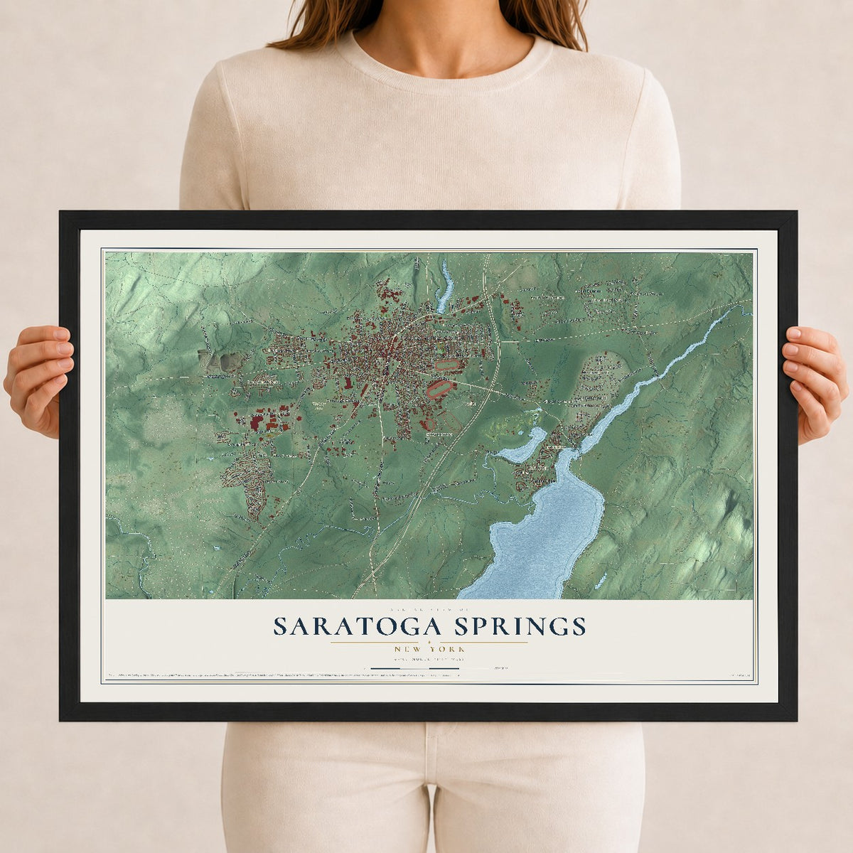 Saratoga Springs, New York map print, 12" x 18" W/ Black Ayous Wood Frame mockup