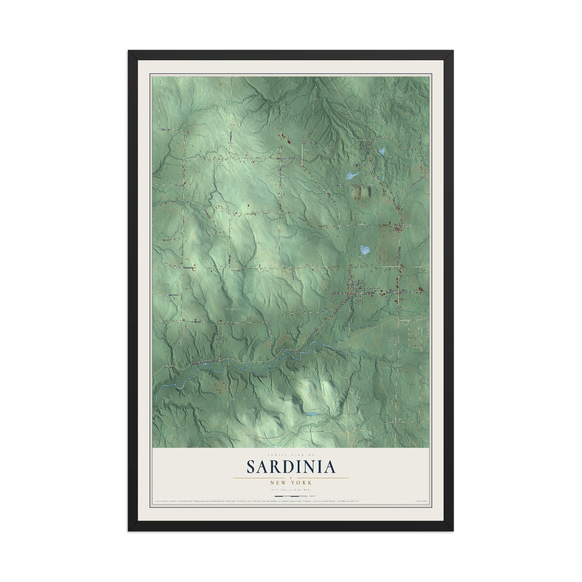 Sardinia, New York map print, 12" x 18" W/ Black Ayous Wood Frame mockup