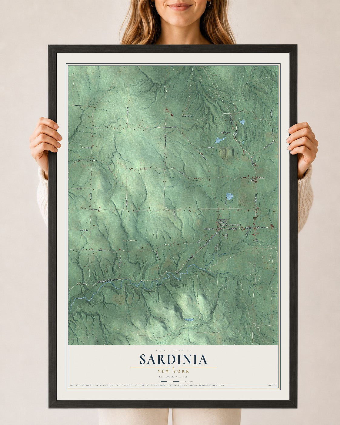 Sardinia, New York map print, 24" x 36" W/ Black Ayous Wood Frame mockup