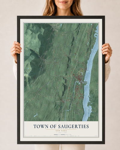 Saugerties, New York map print, 24" x 36" W/ Black Ayous Wood Frame mockup