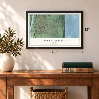 Saugerties South, New York map, 12 x 18 inch print in a black frame in an entryway