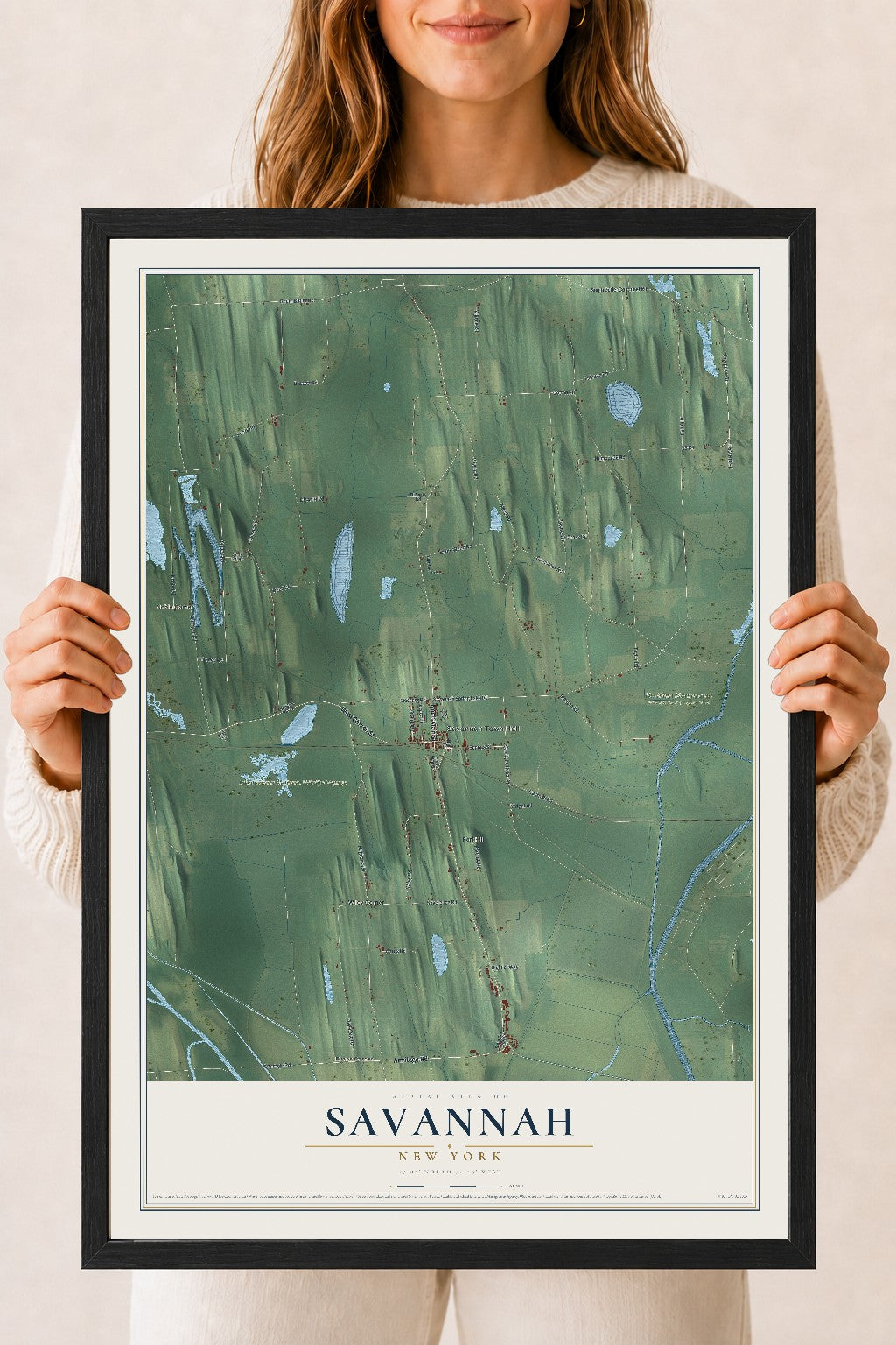 Savannah, New York map print, 18" x 24" W/ Black Ayous Wood Frame mockup