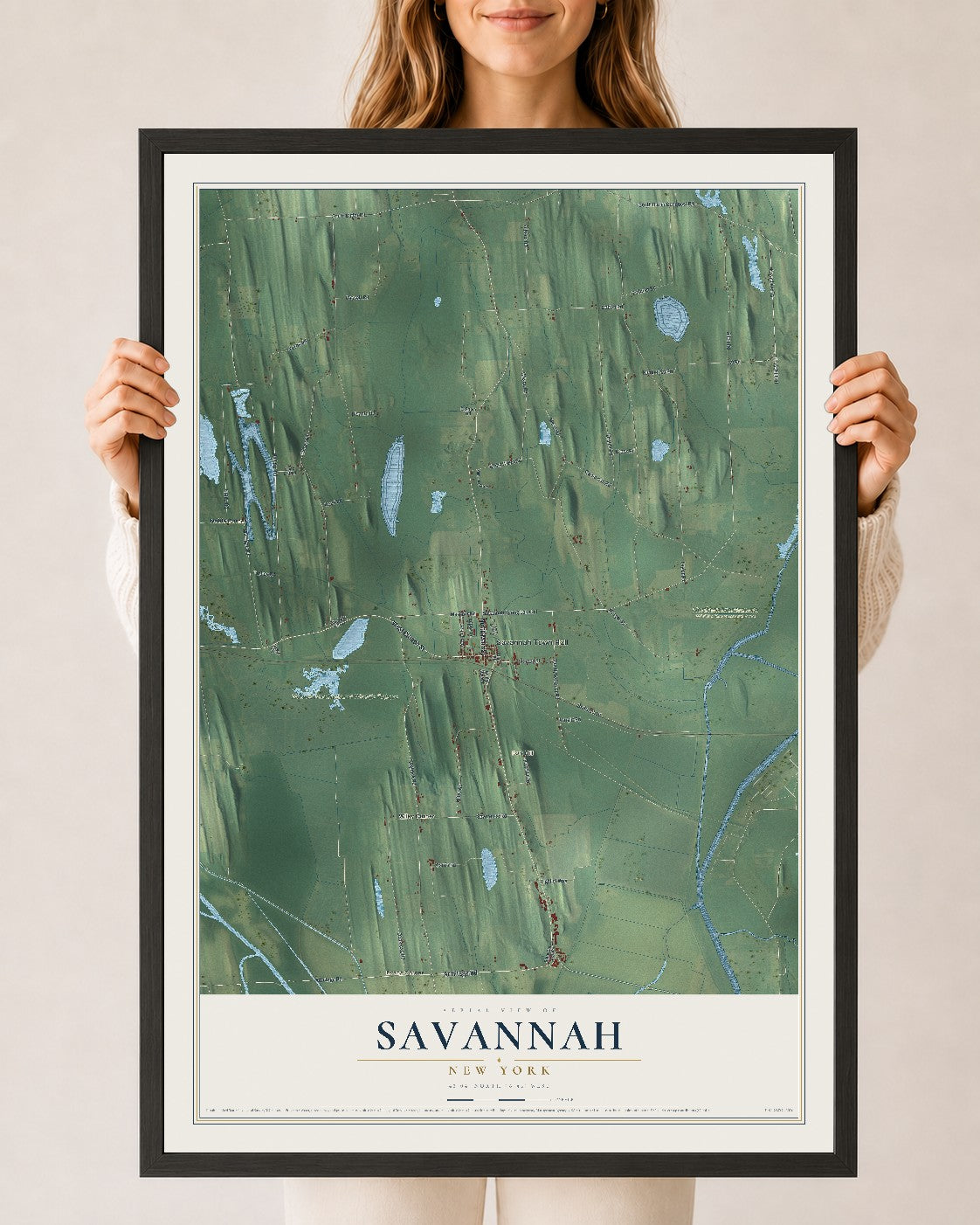Savannah, New York map print, 24" x 36" W/ Black Ayous Wood Frame mockup