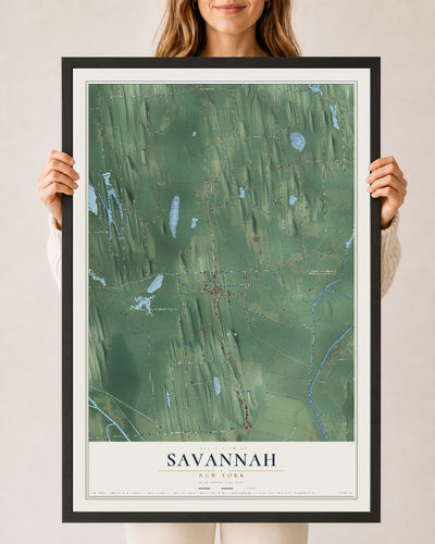 Savannah, New York map print, 24" x 36" W/ Black Ayous Wood Frame mockup