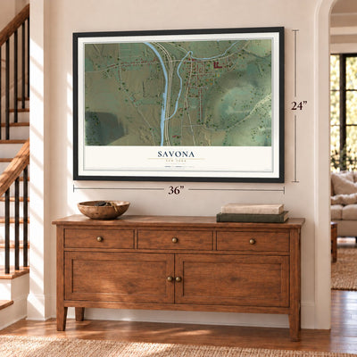 Savona, New York map, 24 x 36 inch print in a black frame above a dresser by a staircase