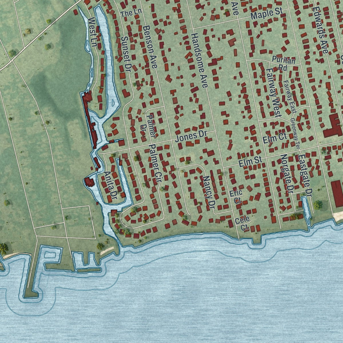 Close-up 2 of the Sayville, New York map artwork