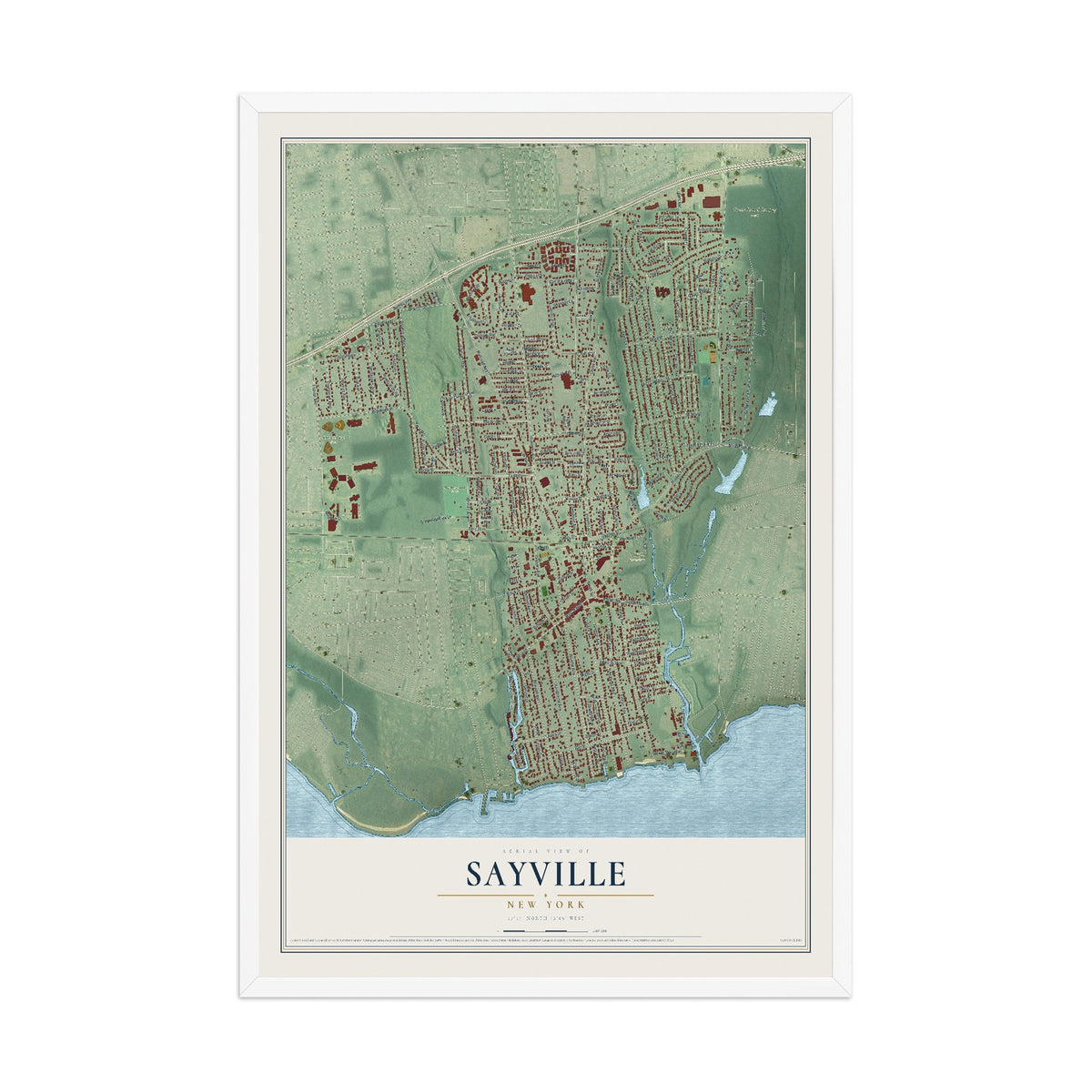 Sayville, New York map print, 12" x 18" W/ White Ayous Wood Frame mockup