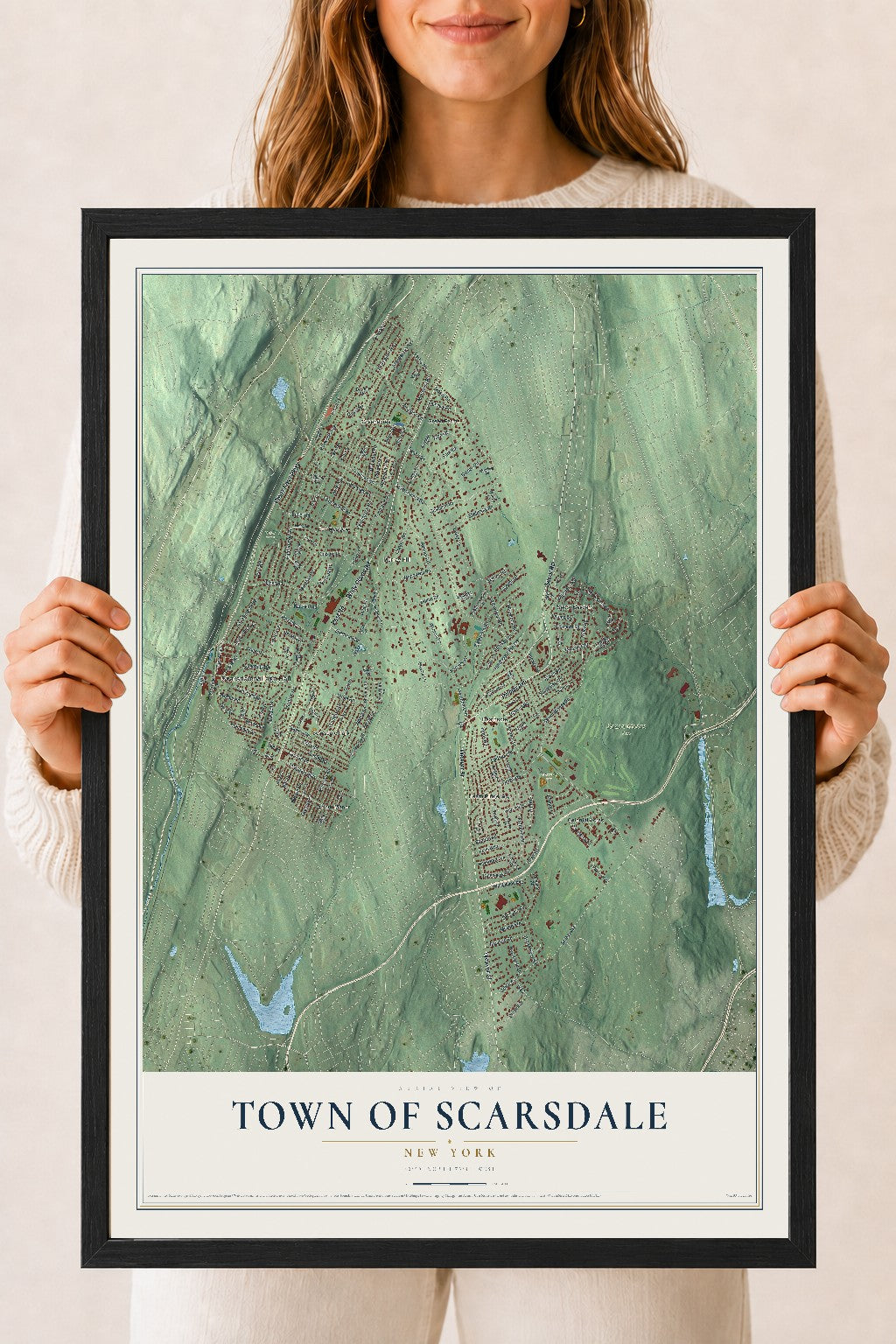 Scarsdale, New York map print, 18" x 24" W/ Black Ayous Wood Frame mockup