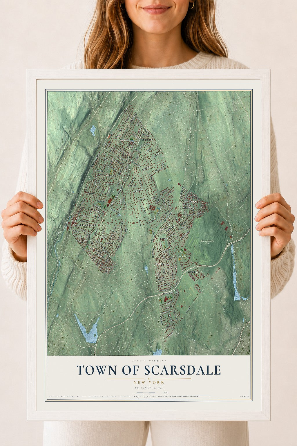 Scarsdale, New York map print, 18" x 24" W/ White Ayous Wood Frame mockup