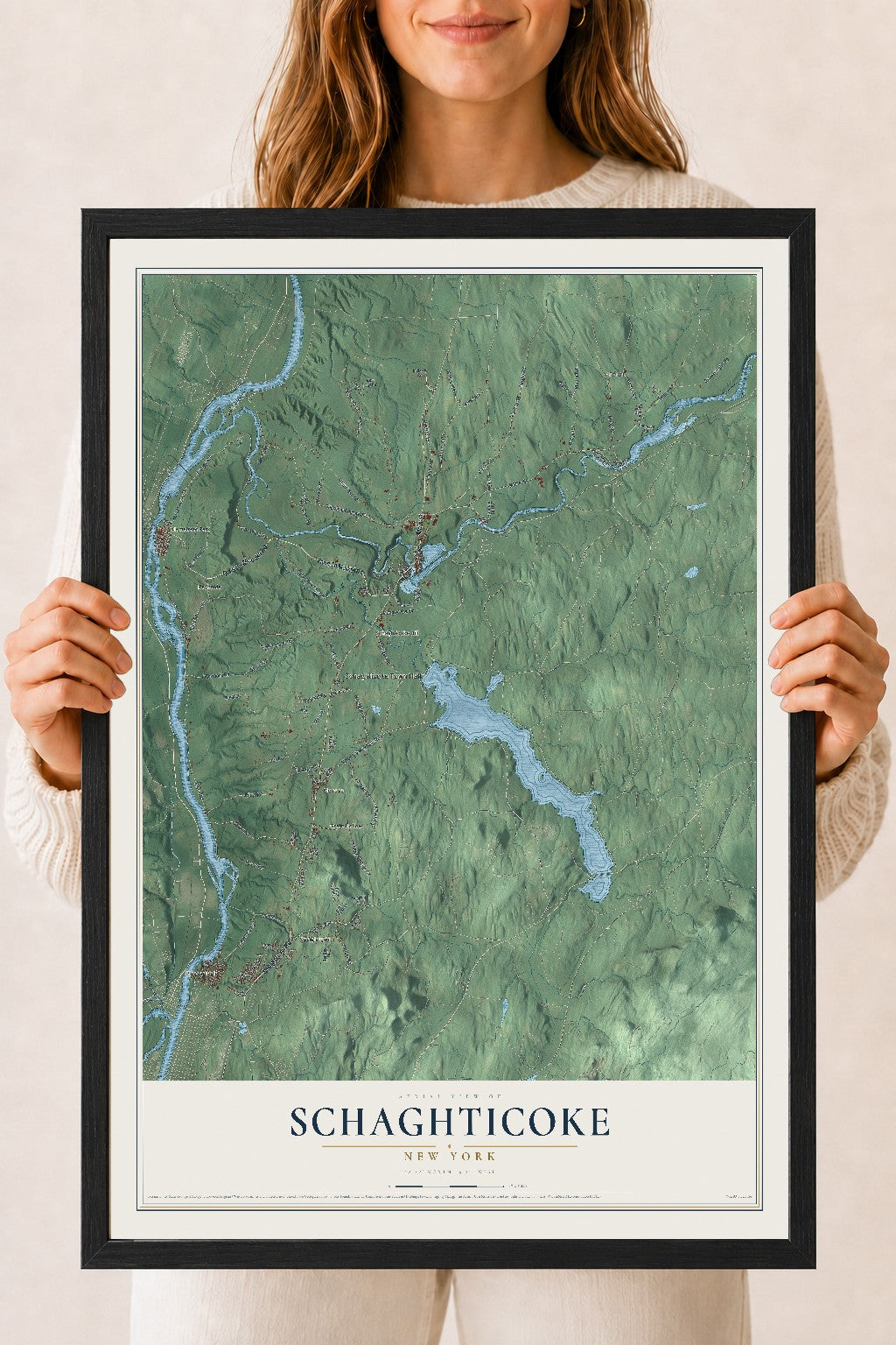 Schaghticoke, New York map print, 18" x 24" W/ Black Ayous Wood Frame mockup