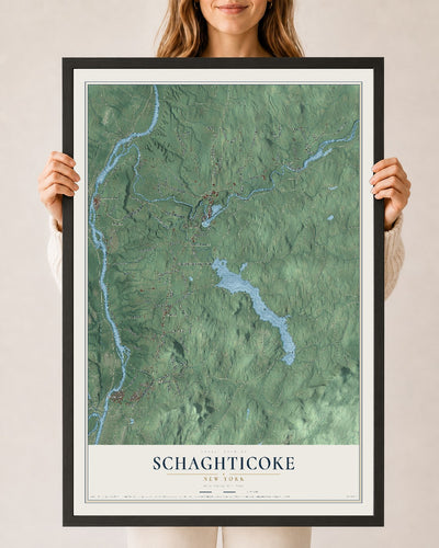 Schaghticoke, New York map print, 24" x 36" W/ Black Ayous Wood Frame mockup