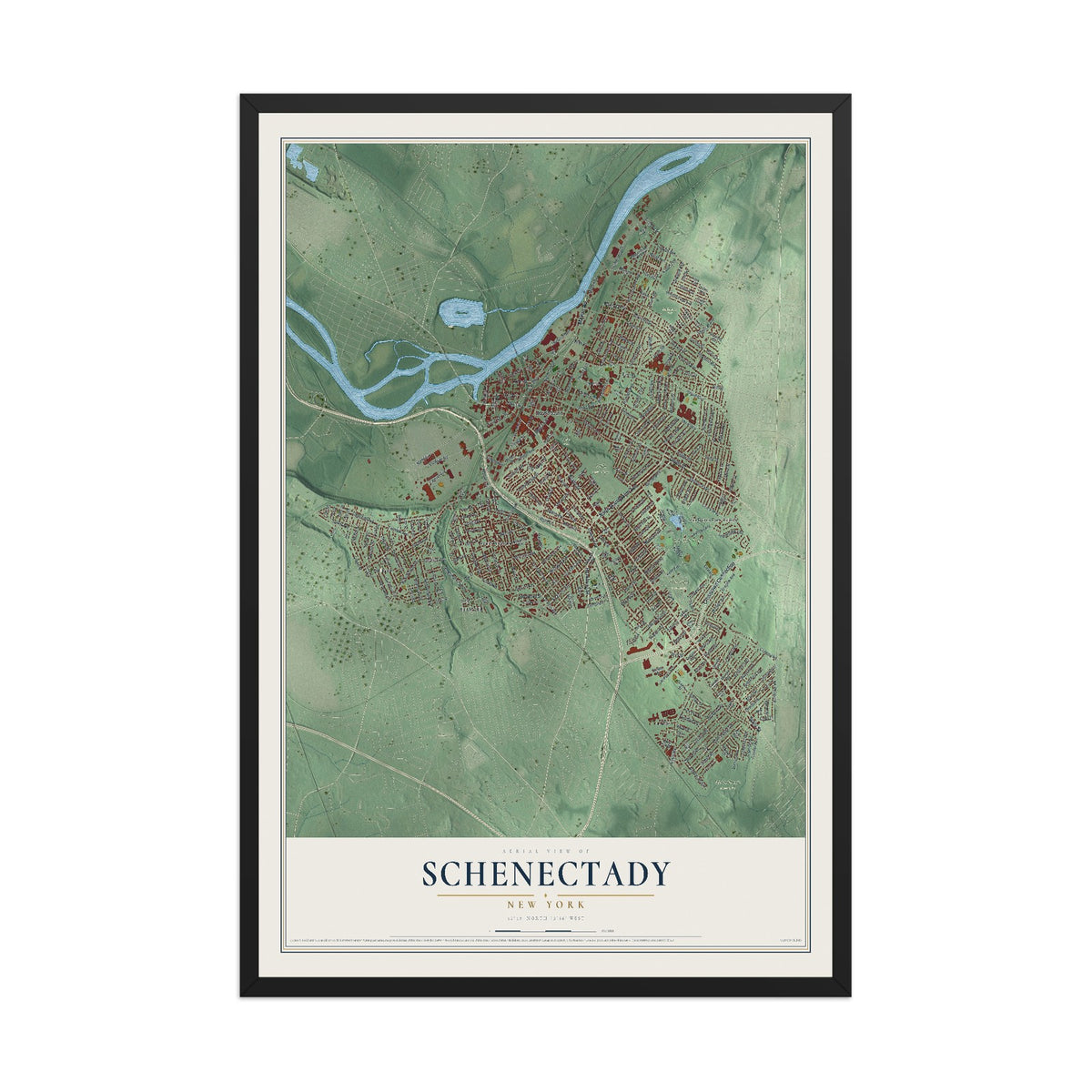 Schenectady, New York map print, 12" x 18" W/ Black Ayous Wood Frame mockup