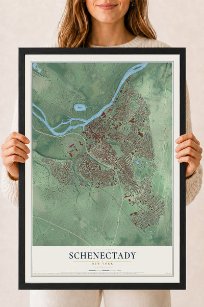 Schenectady, New York map print, 18" x 24" W/ Black Ayous Wood Frame mockup
