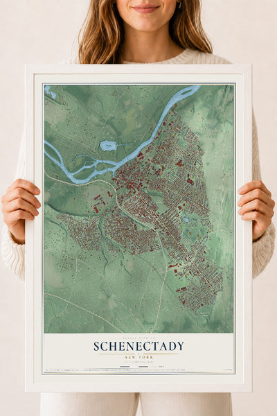 Schenectady, New York map print, 18" x 24" W/ White Ayous Wood Frame mockup