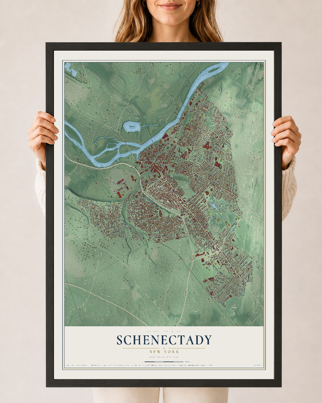 Schenectady, New York map print, 24" x 36" W/ Black Ayous Wood Frame mockup