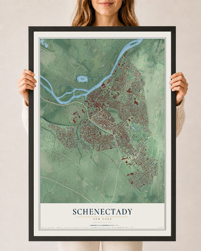 Schenectady, New York map print, 24" x 36" W/ Black Ayous Wood Frame mockup