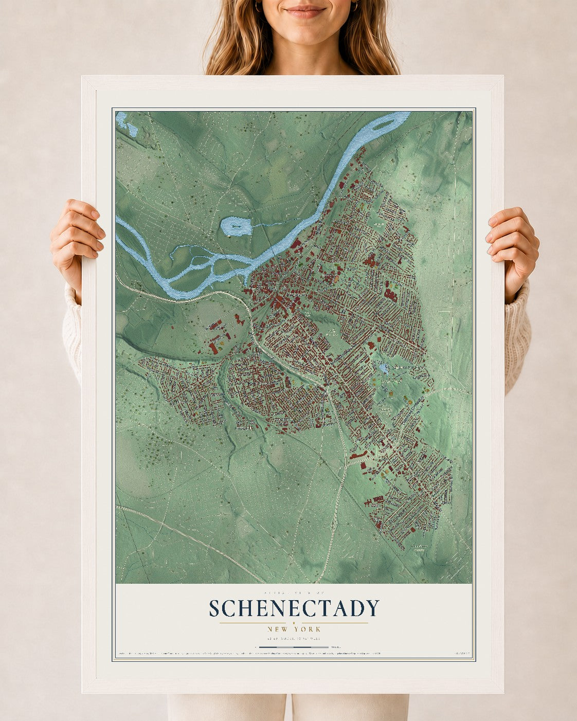 Schenectady, New York map print, 24" x 36" W/ White Ayous Wood Frame mockup