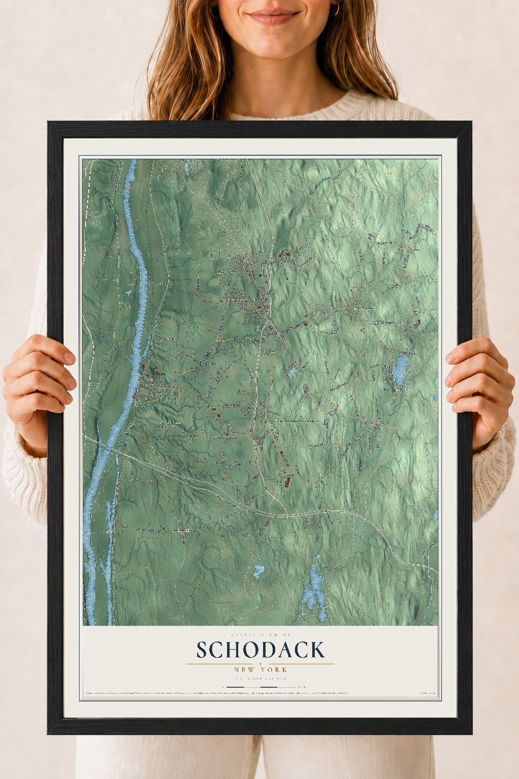 Schodack, New York map print, 18" x 24" W/ Black Ayous Wood Frame mockup