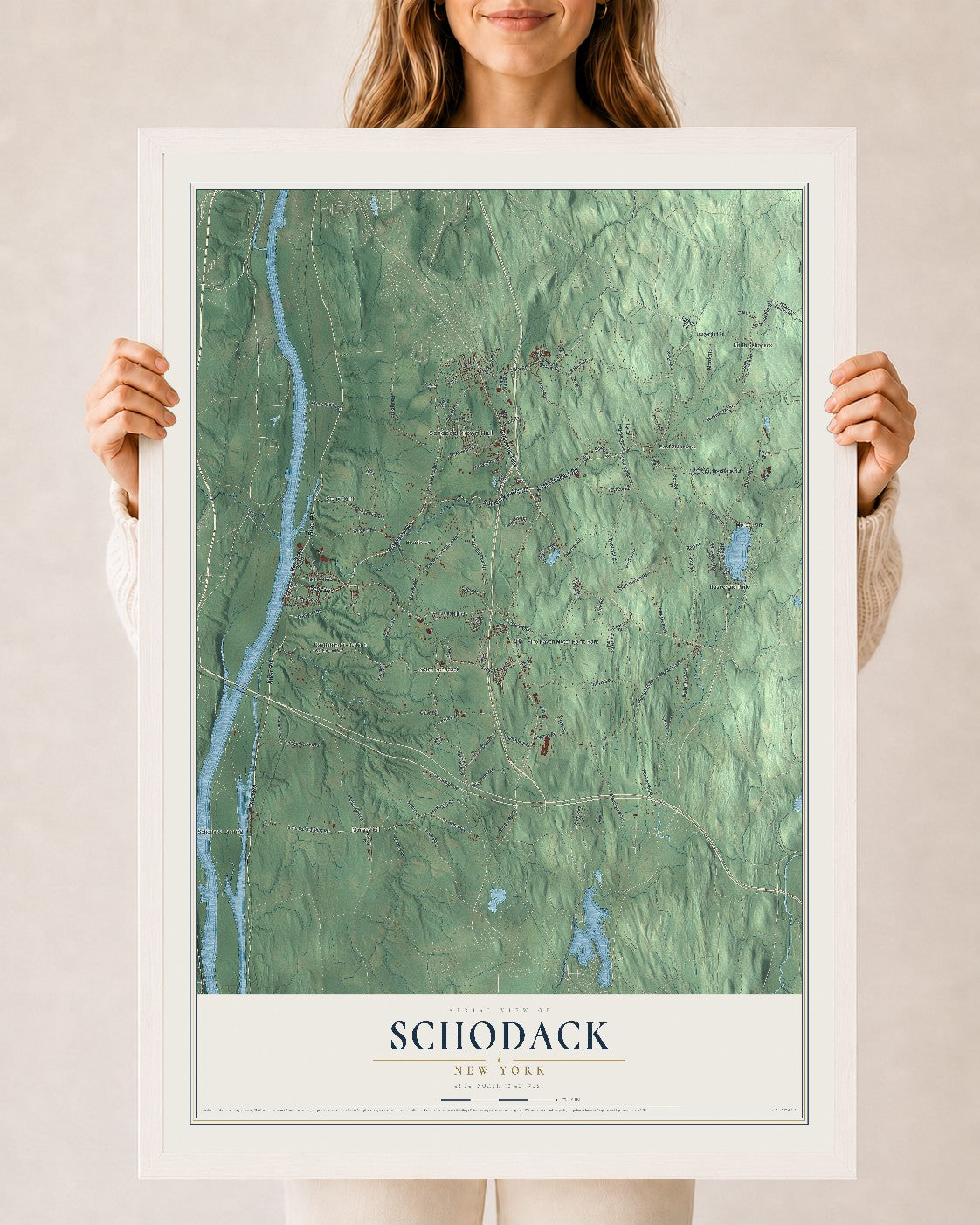 Schodack, New York map print, 24" x 36" W/ White Ayous Wood Frame mockup