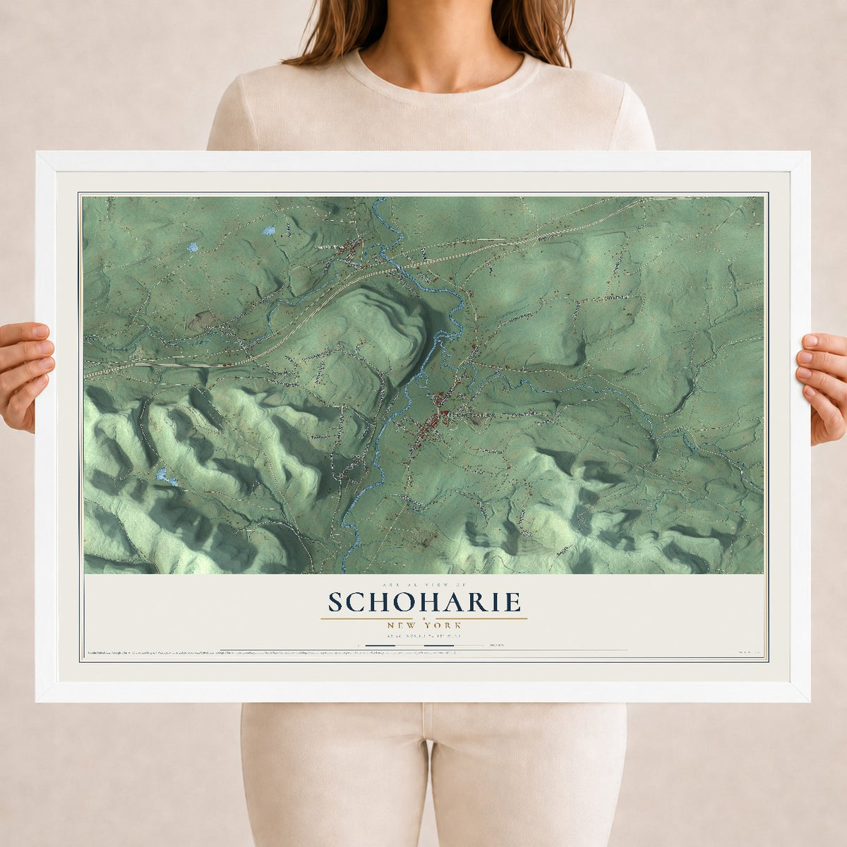 Schoharie, New York map print, 18" x 24" W/ White Ayous Wood Frame mockup