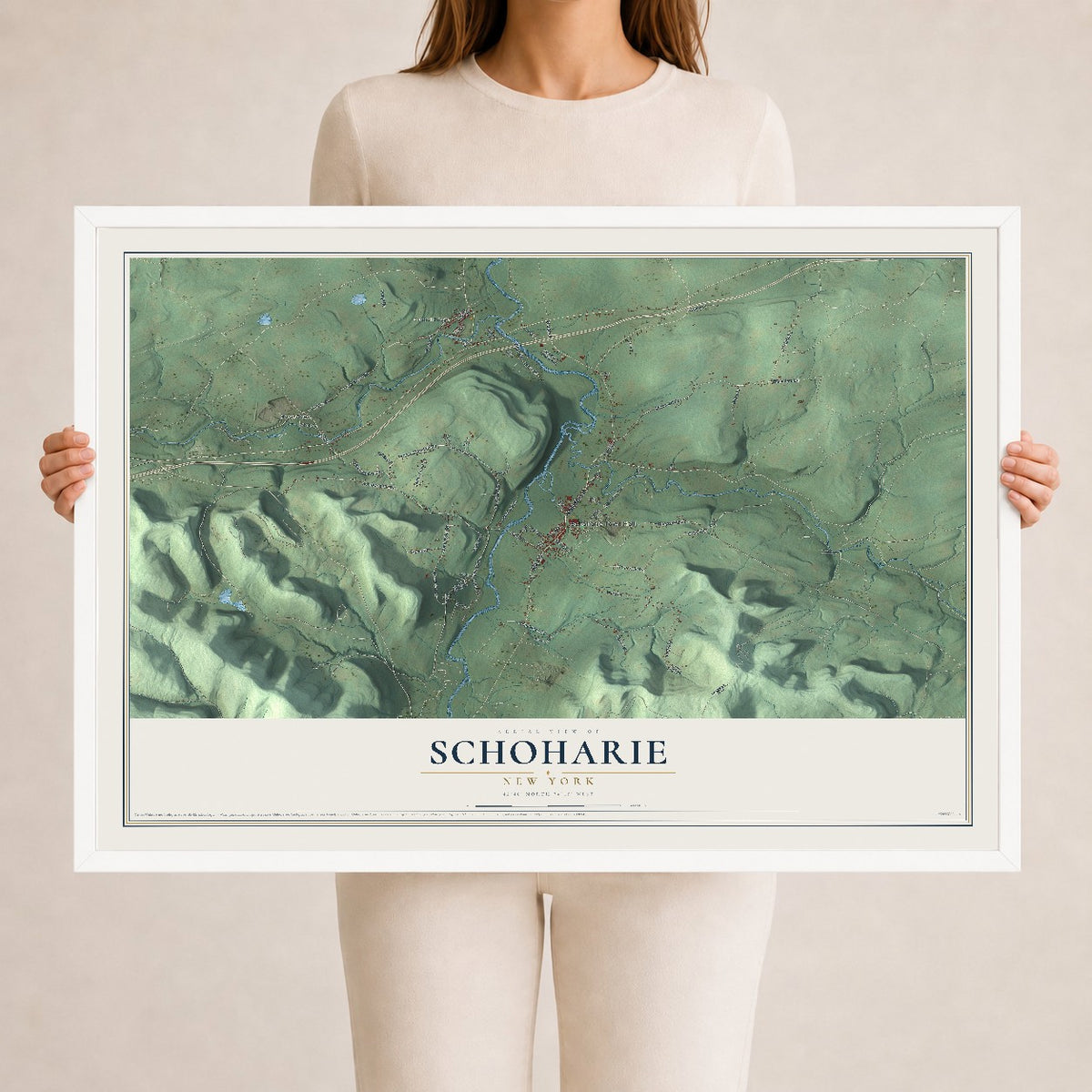 Schoharie, New York map print, 24" x 36" W/ White Ayous Wood Frame mockup