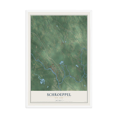 Schroeppel, New York map print, 12" x 18" W/ White Ayous Wood Frame mockup