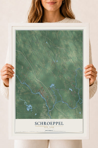Schroeppel, New York map print, 18" x 24" W/ White Ayous Wood Frame mockup