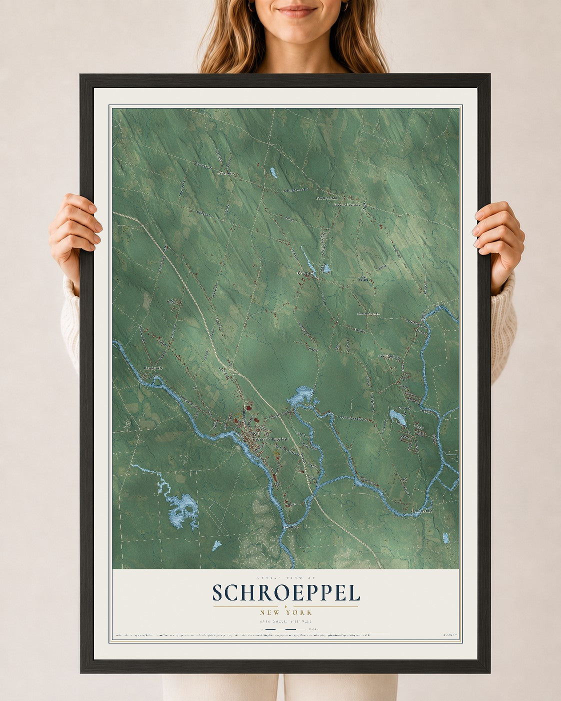 Schroeppel, New York map print, 24" x 36" W/ Black Ayous Wood Frame mockup