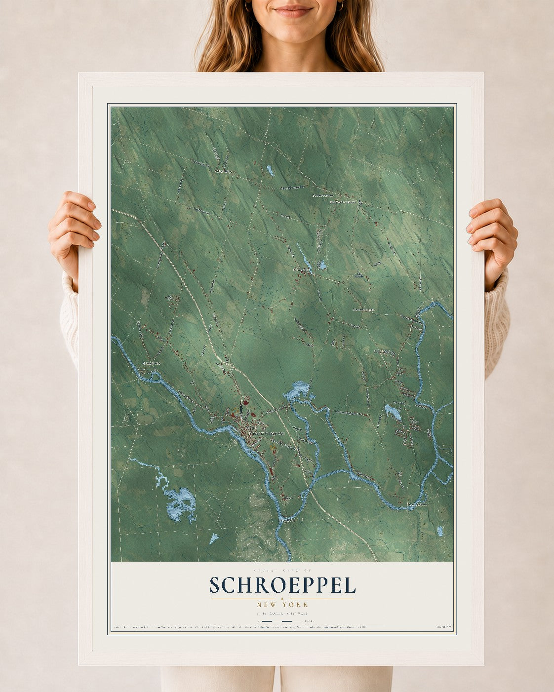 Schroeppel, New York map print, 24" x 36" W/ White Ayous Wood Frame mockup
