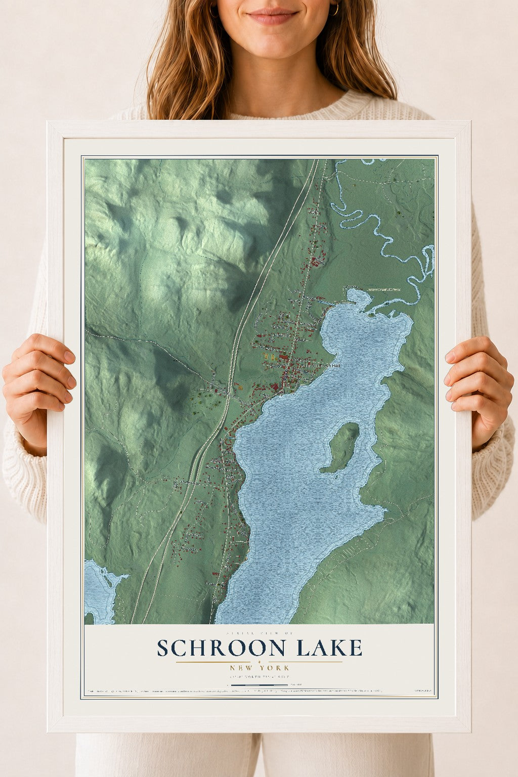 Schroon Lake, New York map print, 18" x 24" W/ White Ayous Wood Frame mockup