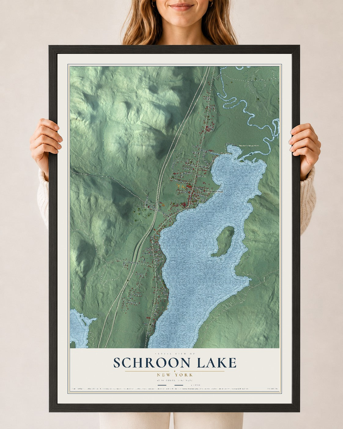 Schroon Lake, New York map print, 24" x 36" W/ Black Ayous Wood Frame mockup