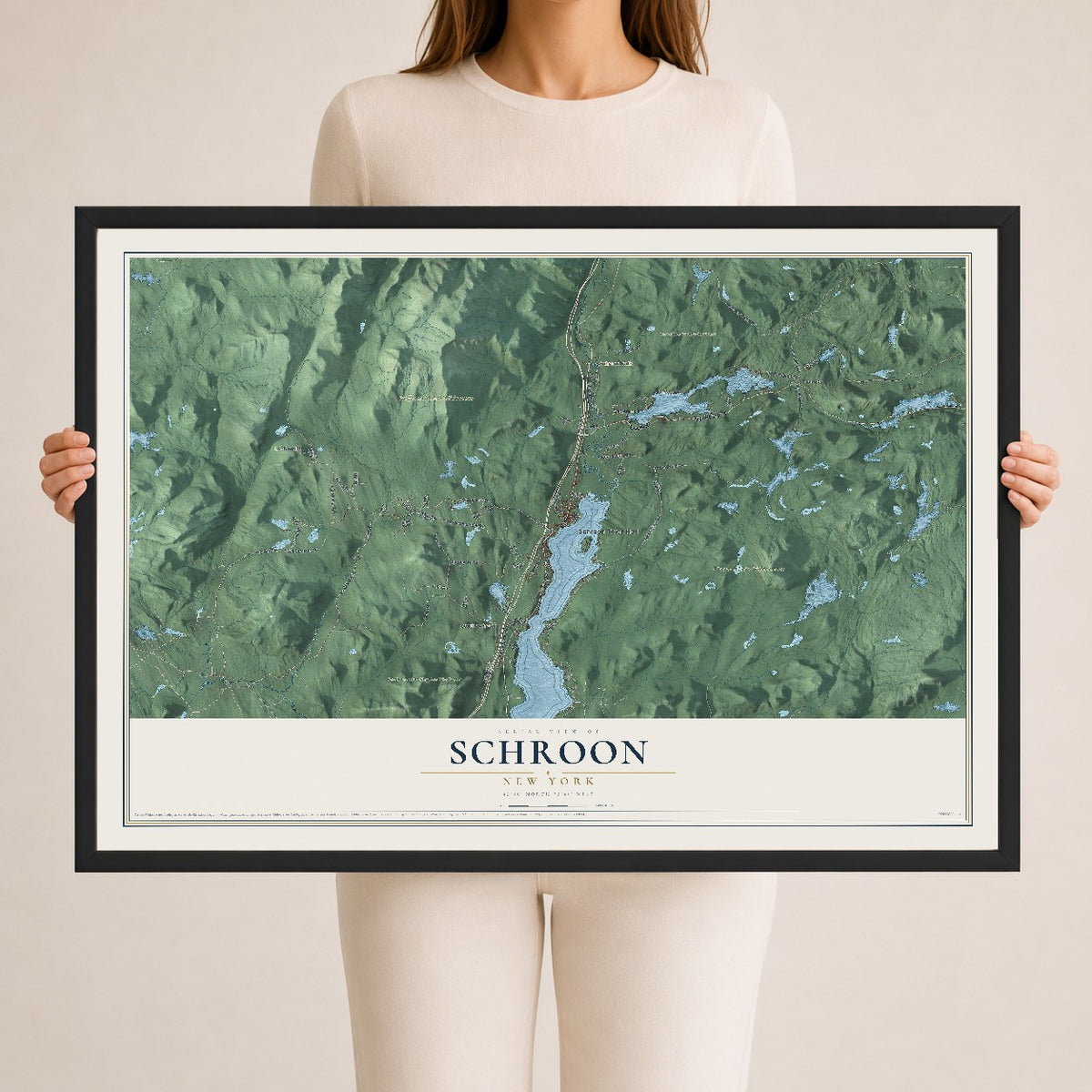 Schroon, New York map print, 24" x 36" W/ Black Ayous Wood Frame mockup