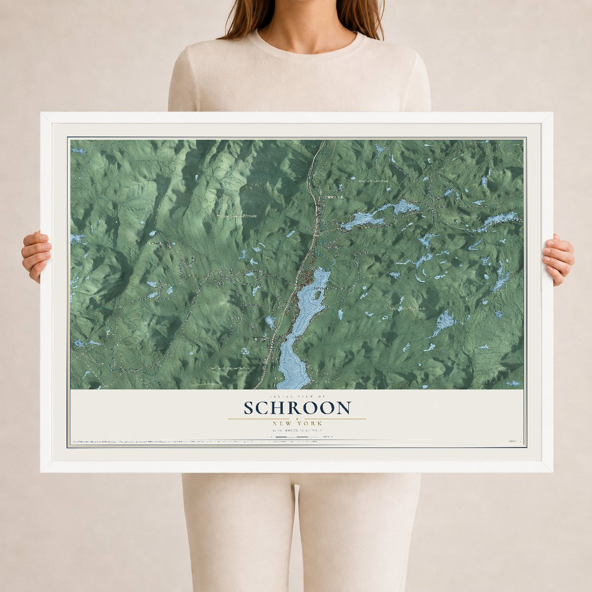 Schroon, New York map print, 24" x 36" W/ White Ayous Wood Frame mockup