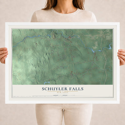 Schuyler Falls, New York map print, 18" x 24" W/ White Ayous Wood Frame mockup