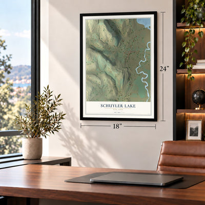 Schuyler Lake, New York map, 18 x 24 inch print in a black frame in a home office