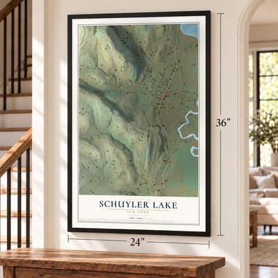 Schuyler Lake, New York map, 24 x 36 inch print in a black frame by a staircase