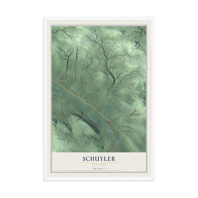 Schuyler, New York map print, 12" x 18" W/ White Ayous Wood Frame mockup
