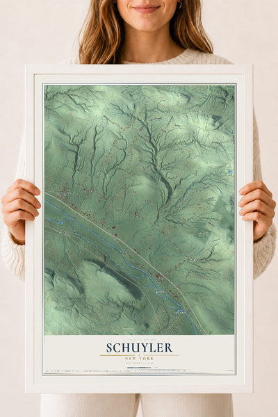 Schuyler, New York map print, 18" x 24" W/ White Ayous Wood Frame mockup