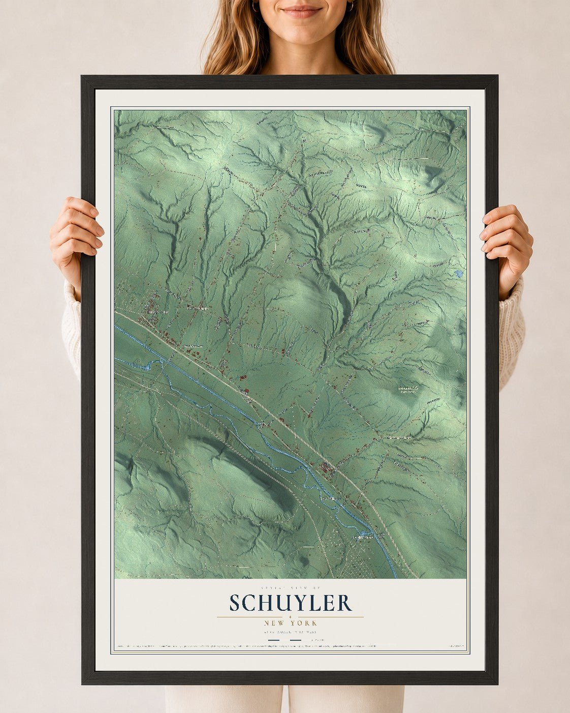 Schuyler, New York map print, 24" x 36" W/ Black Ayous Wood Frame mockup