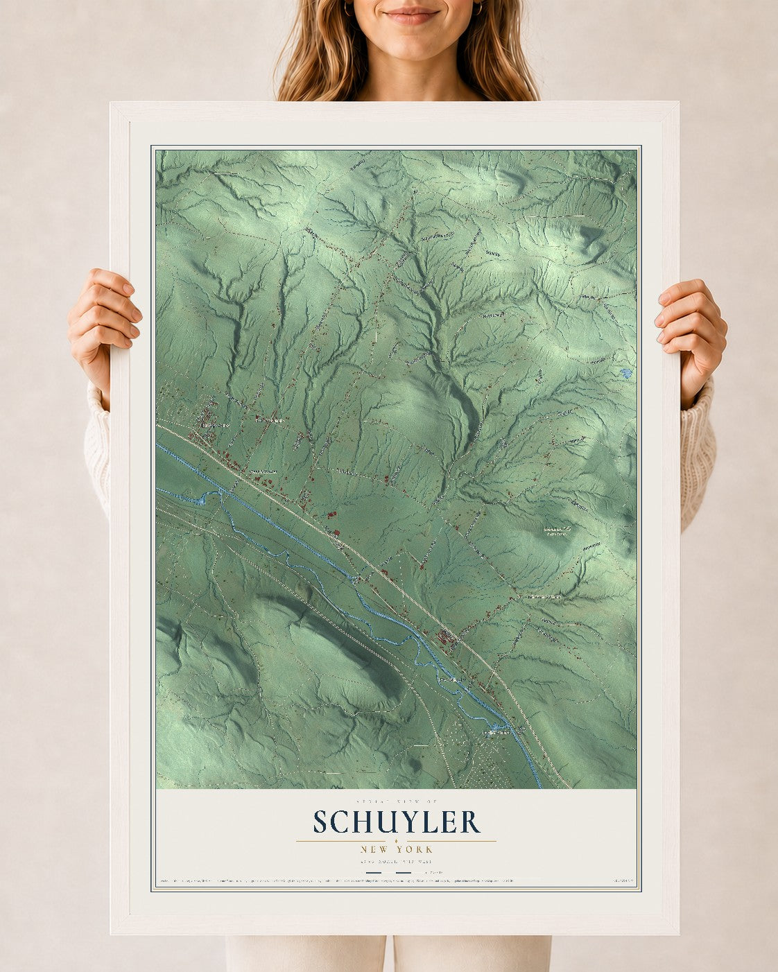 Schuyler, New York map print, 24" x 36" W/ White Ayous Wood Frame mockup