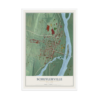Schuylerville, New York map print, 12" x 18" W/ White Ayous Wood Frame mockup