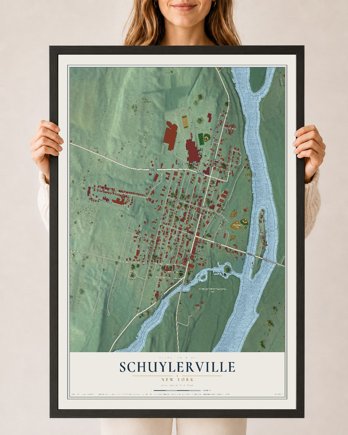 Schuylerville, New York map print, 24" x 36" W/ Black Ayous Wood Frame mockup